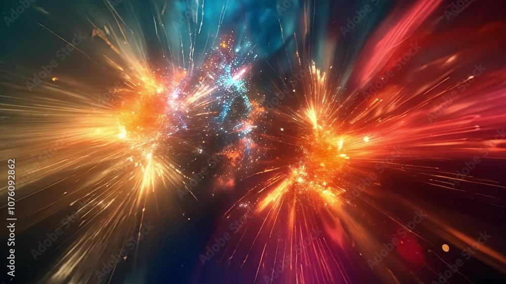 Poster two streams of particles converge with intense force creating a vibrant explosion of energy.
