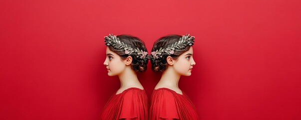 Gemini twins, back-to-back, playful curiosity