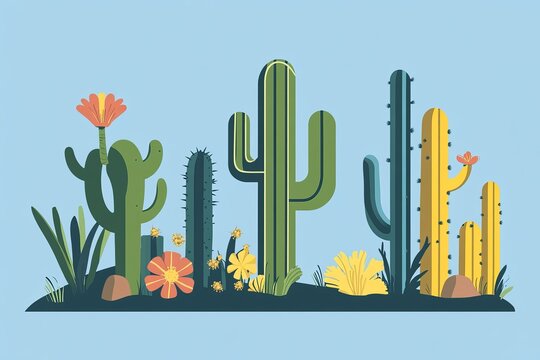 Cartoon cacti and desert flowers on a blue background.