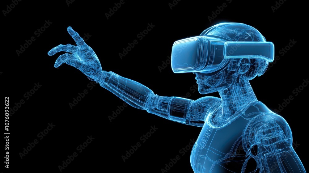 Poster man in virtual reality suit explores immersive digital worlds and interacts with innovative technolo