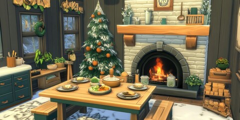 Cozy dining area with a festive tree, warm fireplace, and a table set for a meal.