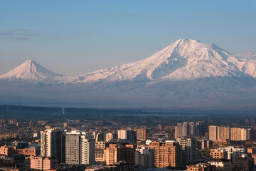 View of Yerevan and Mount Ararat at spring sunrise, Armenia.