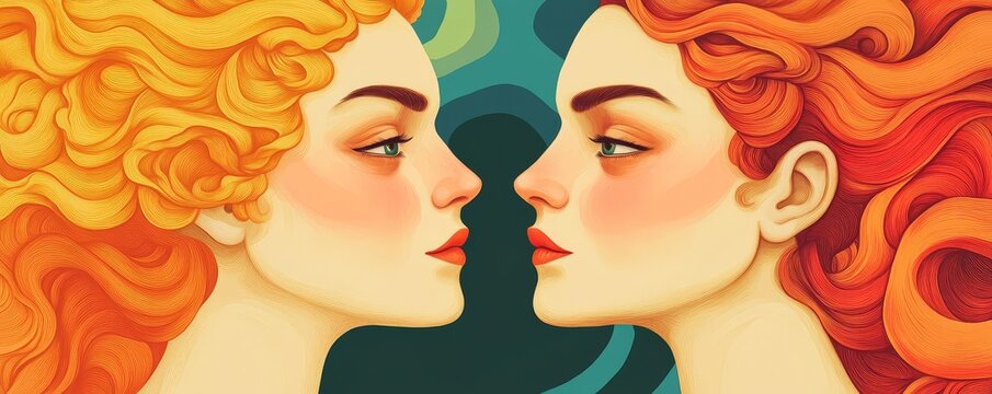 Gemini twins with mirrored expressions, symbolizing curiosity