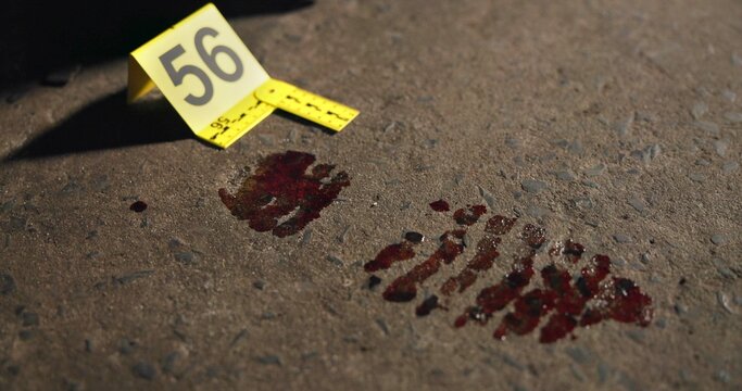 Crime scene, footprint and investigation evidence with number label for forensic science on ground. Police case, blood and murder clue for DNA, detective and discovery for arrest of criminal