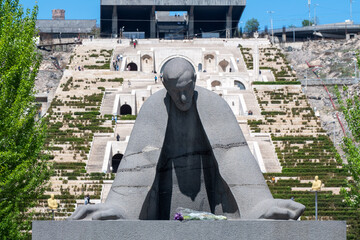 View of Alexander Tamanian monument on the background of Cascade Complex on sunny day. Yerevan,...
