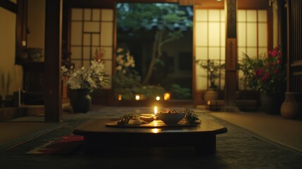 A serene indoor setting with a lit candle and food offerings on a low table.