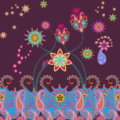 Vintage paisley pattern of flowers and shrubs with gorgeous details on a dark red background. Quality vectors for designing fabric, tile or wallpaper.