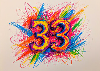Thirty three number in chaotic wax crayon drawing style on white background