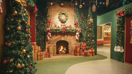 Spooky christmas-themed photo zone with flickering fireplace, festive fir tree, and eerie decorations, perfect for creating a cozy yet creepy holiday atmosphere