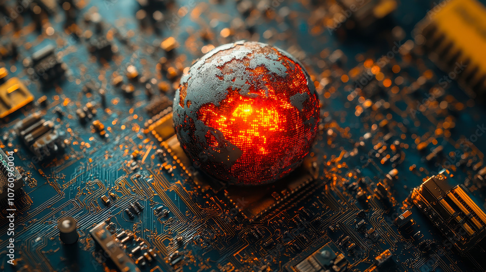 Poster global it outage concept with red alert on circuit board representing cybersecurity breach