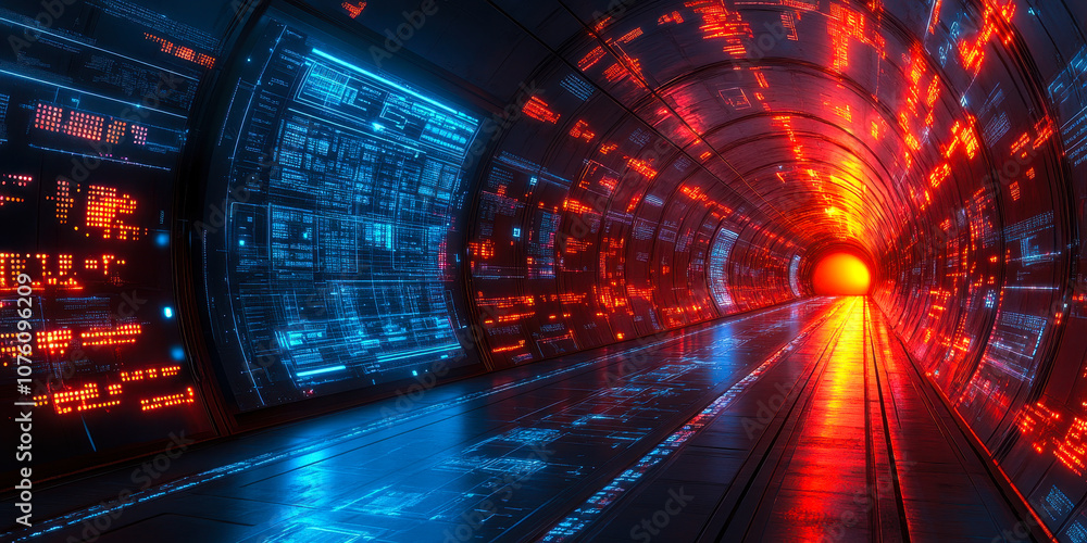 Poster futuristic tunnel with ai and big data visualization in neural network flow