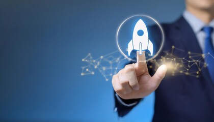 A business professional activates a rocket launch icon with a finger, symbolizing innovation and technology in a digital environment.