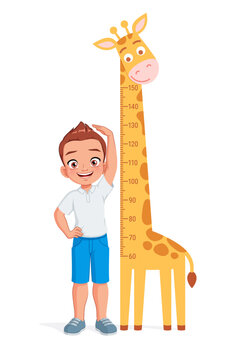 Little boy measuring his height. Cartoon vector illustration.