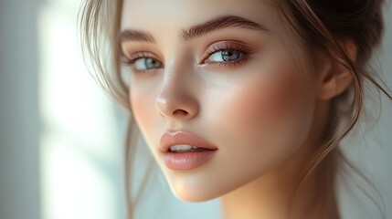 A beauty shot of a girl adding depth to her face with contouring, neutral backdrop enhancing simplicity, soft and even lighting, hd detail, realistic skin texture, professional beauty photography,