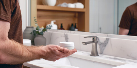 Fototapeta premium In a well-lit bathroom, a man holds a jar of medical cream, attentively reading the instructions while standing by the sink. National Winter Skin Relief Day