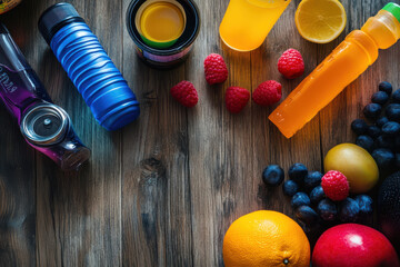 Healthy and refreshing summer fruits and drinks on wooden table
