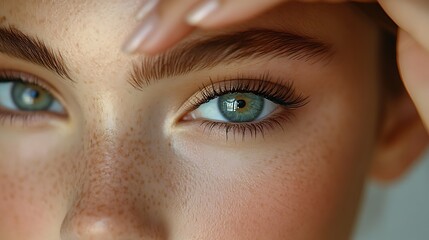 Fototapeta premium A close-up beauty shot of a girl adding final touches to her eyeliner wings, neutral background, even lighting for smooth skin highlight, hd quality, detailed and realistic makeup application,