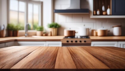 Wooden countertop in a clean and organized modern kitchen with warm lighting, perfect for product display