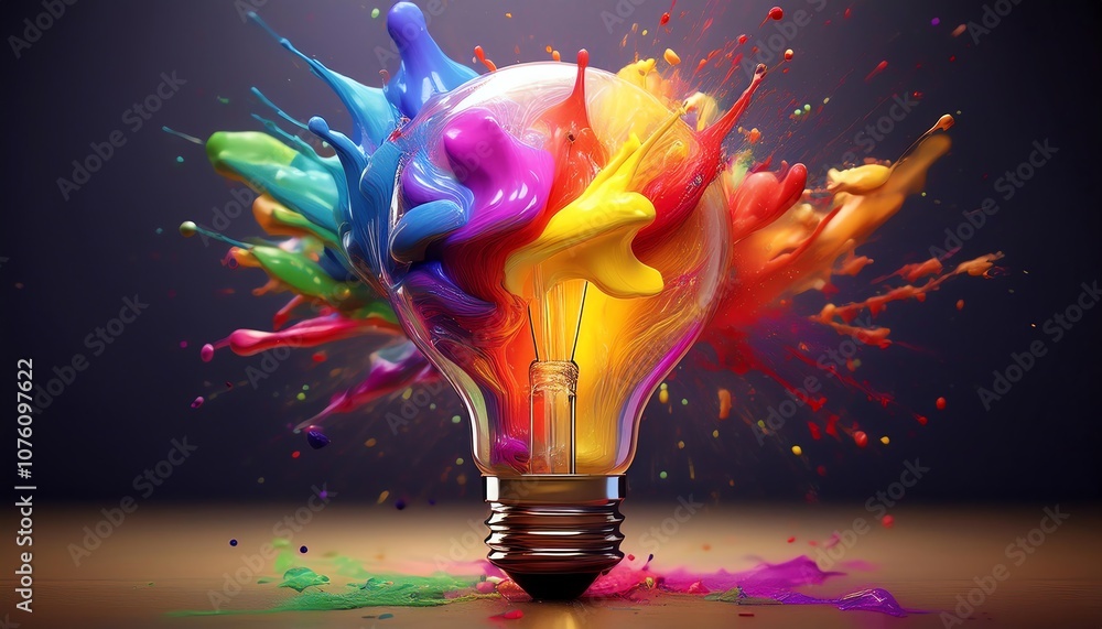Poster a vibrant light bulb explodes with splashes of colorful paint, symbolizing creativity and innovation