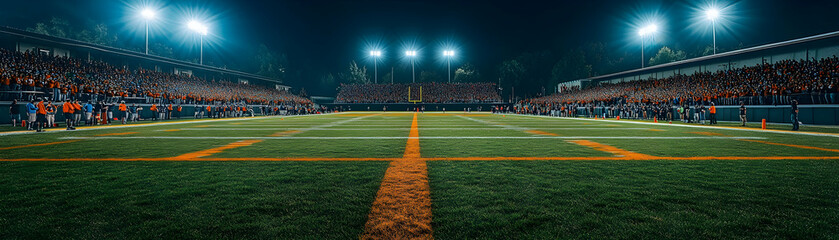 Obraz premium Night Football Game with Stadium Seats Full of Cheering Fans and Bright Lights