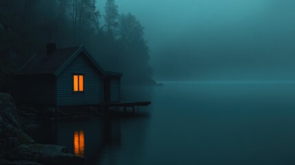 Obraz premium a small isolated home in norway by a lake, teal tones, orange lighting, moody, foggy, dark atmosphere , dark lakeside cabin, dim lights in windows, eerie shadow, surrounded by tall trees, ominous nigh