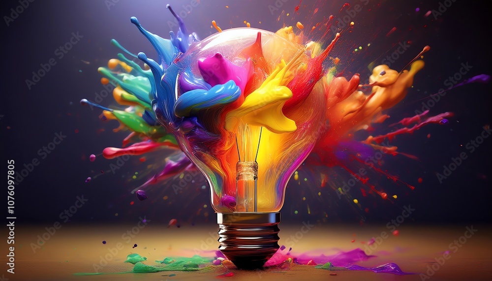 Poster a vibrant light bulb explodes with colorful splashes of paint, symbolizing creativity and inspiratio