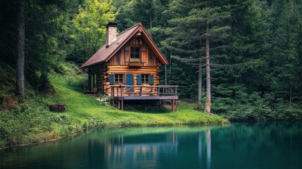 Obraz premium A realistic photo of a cozy wooden cabin deep in the woods with a small pond in Front of it, cozy