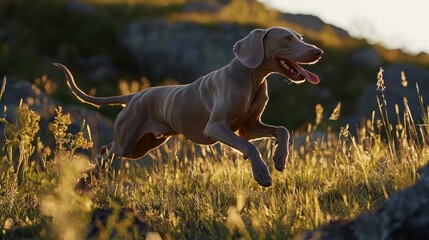 happy Weimaraner dog, running, side profile, nature, high resolution