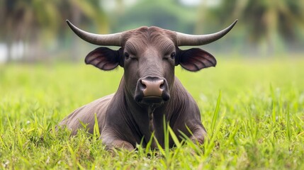 Taurus bull resting in lush field, calm and grounded