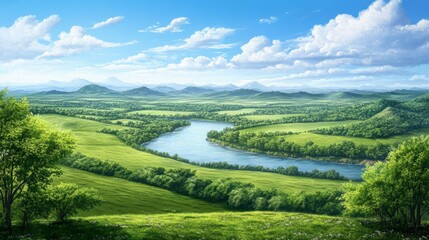 Obraz premium Serene River Landscape with Lush Green Hills