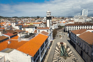 Aerial view of Porta Delgada old town old houses on sunny day Azores Sao Miguel Portugal