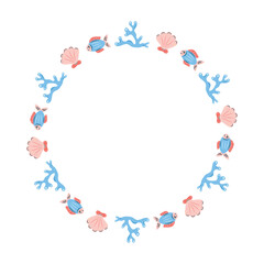 Round sea frame with fish shells and corals. Blue coral and fish and white background. For postcards and posters. Vector illustration.