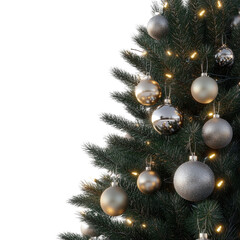 Decorated Christmas tree with ornaments, balls, and a star, featuring a festive holiday atmosphere in winter with a green pine tree, gold and red decorations, celebrating the season