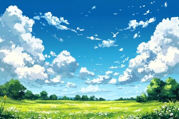 Fototapeta premium A vast green meadow with white flowers and a blue sky dotted with fluffy clouds.