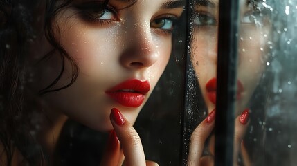 A girl checking her reflection in a handheld mirror, subtly adjusting her lipstick with precision, neutral backdrop enhancing focus, soft and natural light, hd resolution, lifelike texture,