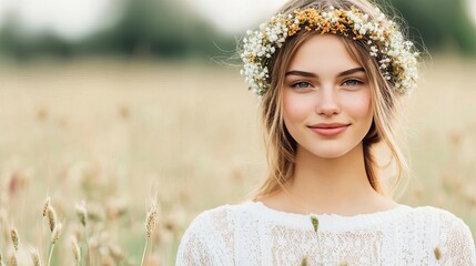Virgo woman in meadow, earthy and peaceful, symbol of harvest