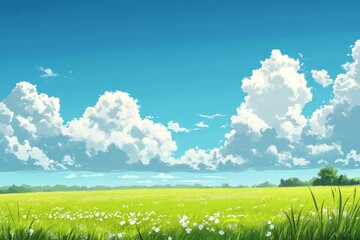 Obraz premium A vast, green field dotted with white wildflowers stretches out under a bright blue sky with fluffy white clouds.