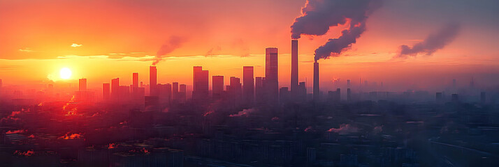 A Digital Painting of a Cityscape with Smoke Stacks at Sunset