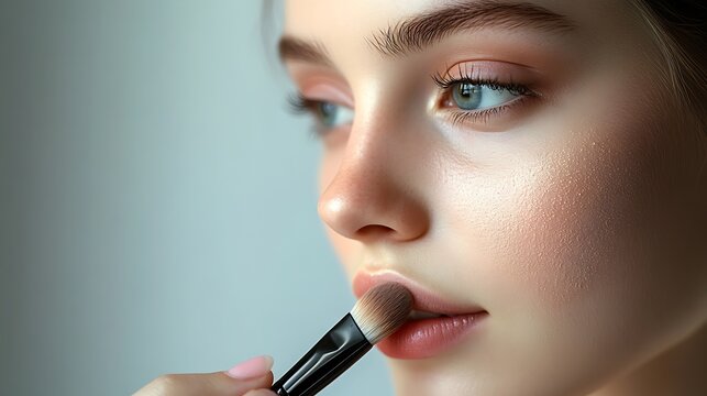 A girl in the process of applying makeup primer to her face with her fingers, neutral background creating simplicity, even lighting for balanced tones, hd quality, clear and sharp details,