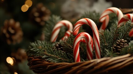 A basket overflowing with candy canes, their curved shapes and bright red stripes contrasting with the deep green of a pine wreath.