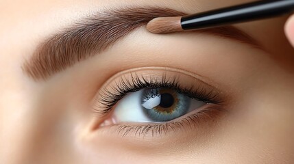 A girl perfecting her eyebrow shape with a brow pencil, neutral background, soft and warm lighting creating a natural glow, hd quality, focused and clear detail, professional-grade photography,