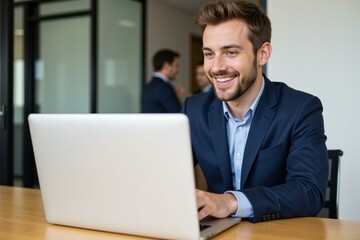 Fototapeta premium Professional Man in Business Suit Using Laptop in Office Setting, Ideal for Business Marketing, Website Design, and Corporate Branding