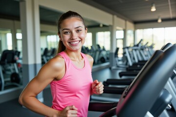 Fototapeta premium Happy Young Woman Exercising on Treadmill in Modern Gym, Pink Tank Top, Fitness Motivation, Health and Wellness, Active Lifestyle