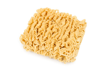 One block of instant noodles on a white background. Instant dry noodles.
