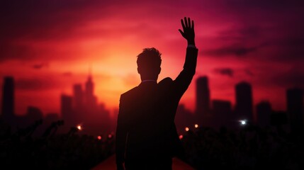 Fototapeta premium Silhouette of a Man Waving on Red Carpet at Sunset with City Skyline