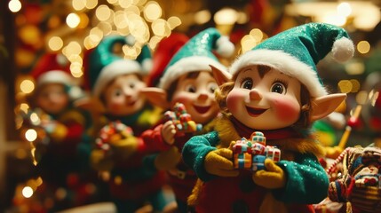 A group of cheerful elves in colorful costumes, making toys in Santaâ€™s workshop, their faces...