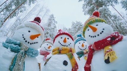 A group of snowmen wearing colorful scarves and hats, their faces smiling up at the camera, set against a backdrop of snowy trees.