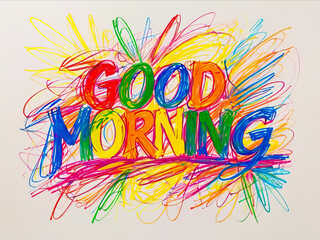 Good morning text in scribbles chaotic wax crayon drawing style on white background