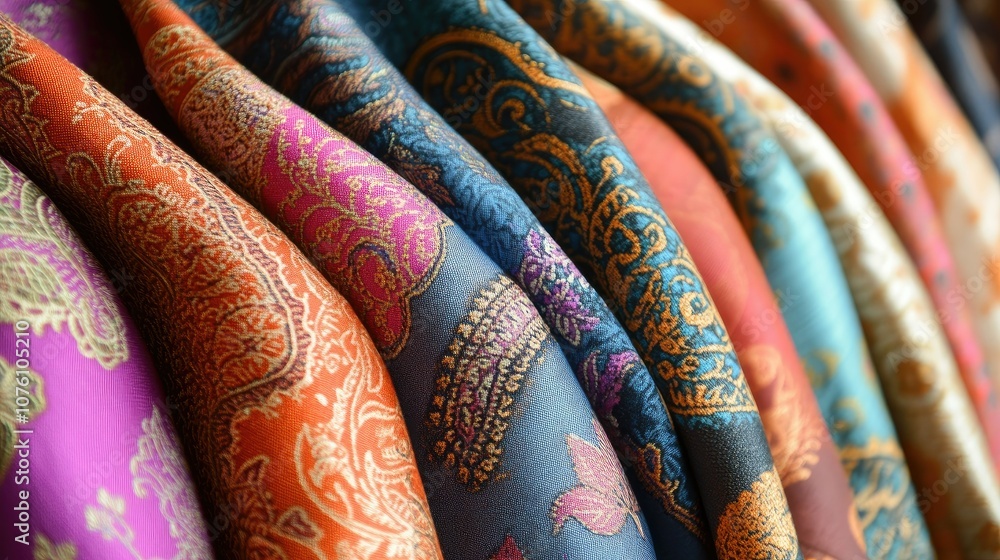 Poster colorful textiles showcasing intricate patterns and designs