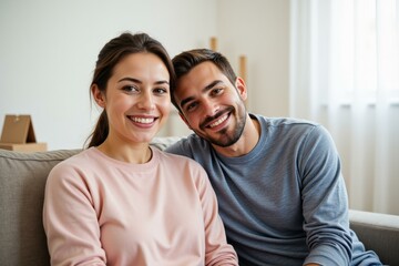 Obraz premium Happy Couple Smiling on Couch at Home - Perfect for Greeting Cards, Wall Art, or Social Media
